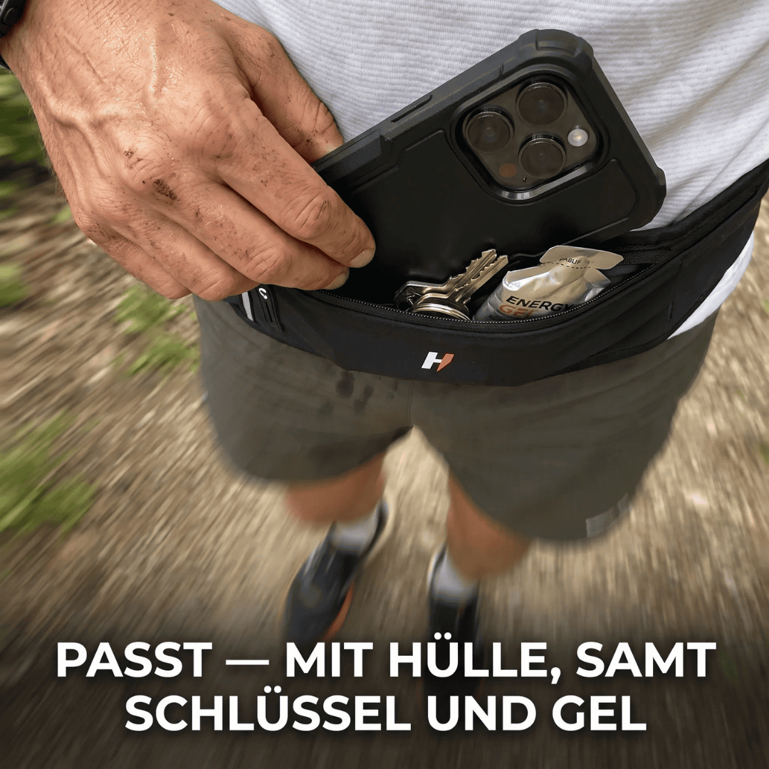 Flatlay: iPhone 16 Pro Max + Hülle + Schlüssel + Gel + Gürtel, Maßangaben
