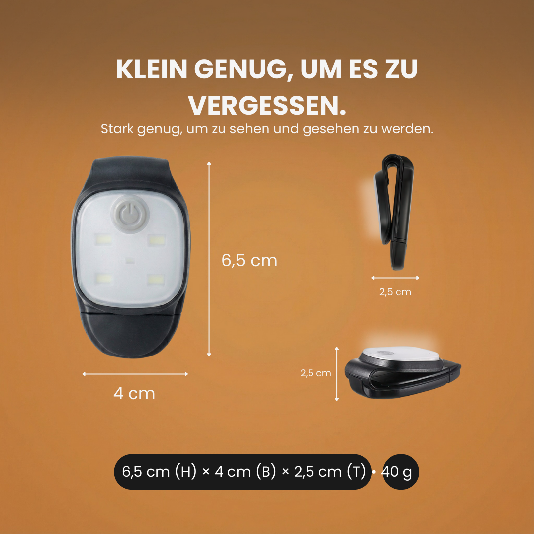 LED-Laufclip klippt an Kleidung oder Rucksack – Nahaufnahme Verschluss | Helvio